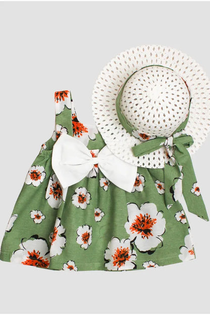 Robe fille vert vif à fleurs avec chapeau élégant