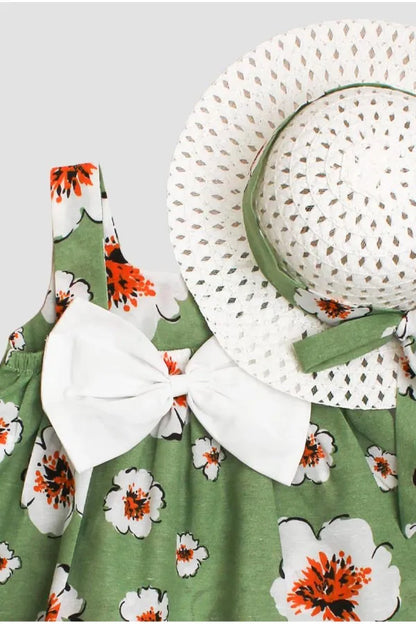 Robe fille vert vif à fleurs avec chapeau élégant